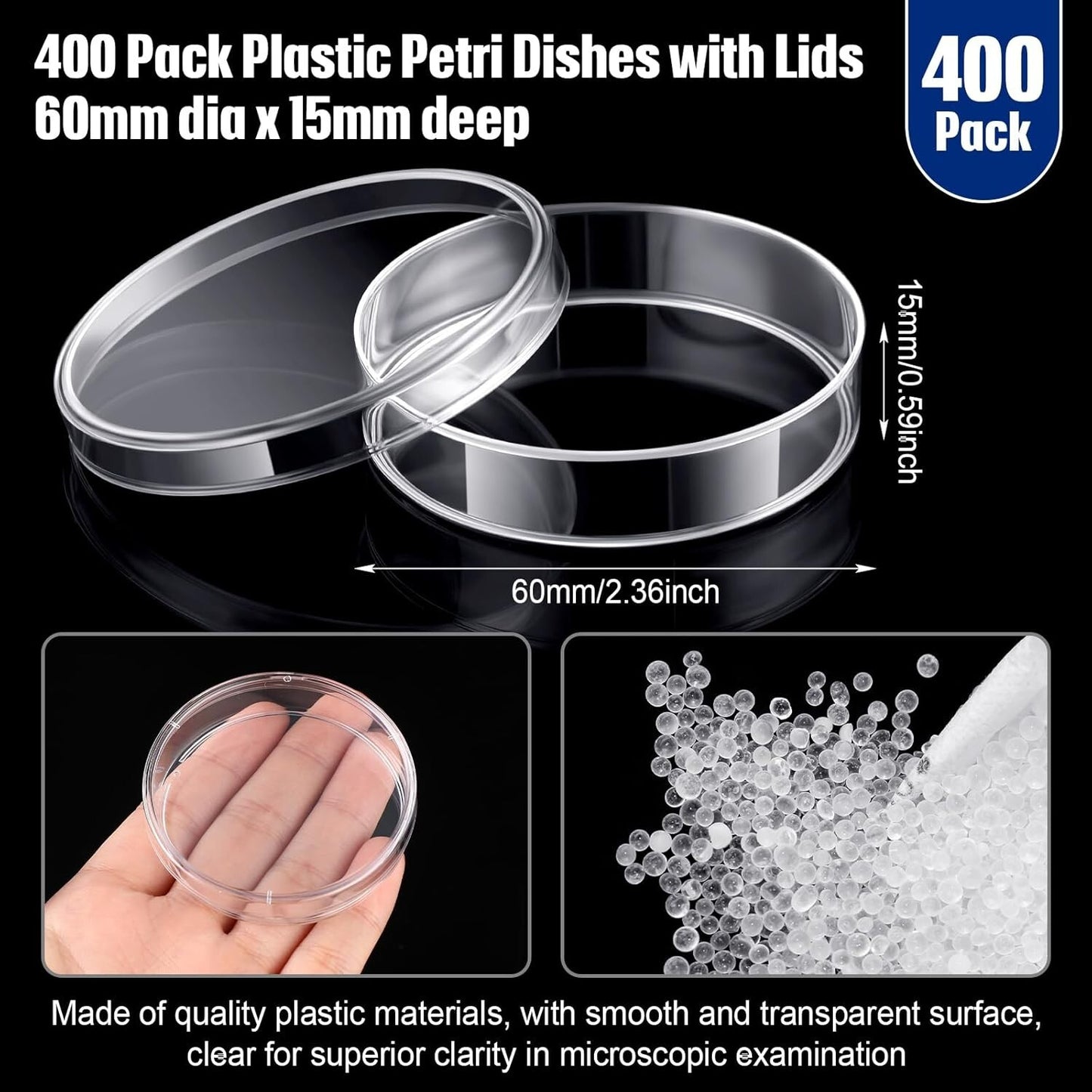 400Pcs Sterile Plastic Petri Dishes W/ Lids 60Mm Diax15Mm Deep Clear Culture Lab